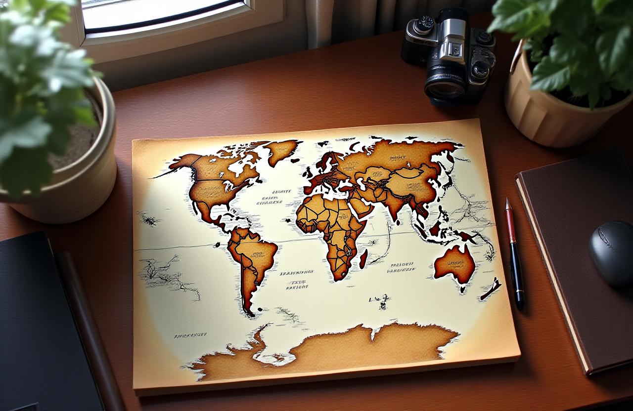 Ein eleganter Reiseplaner bei der Arbeit mit Karten und hochwertigen Schreibutensilien